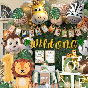 Wild One Birthday Decorations, 1st Birthday Decorations for Boy or Girl, Photo Banner, Balloon Box, Balloons Garland, High Chair Banner, Jungle Theme Safari Party Backdrop for Boys & Girls