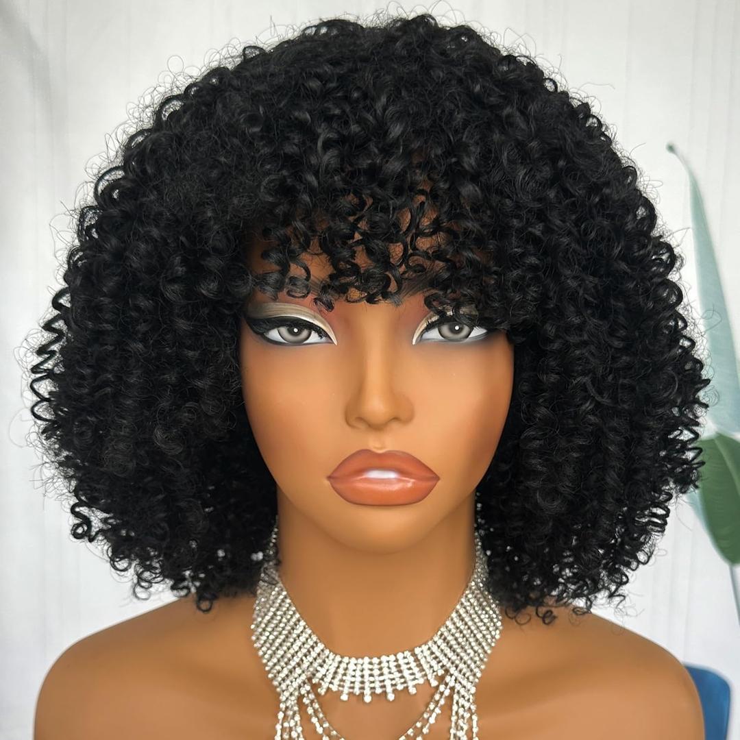 SOKU Short Curly Wigs with Bangs for Black Women Afro Kinky Curly Hair Wig Natural Black Synthetic Wigs 10 Inch Glueless Full Hair Wig for Daily Party