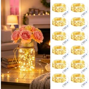 Minetom 12 Pack Fairy Lights Battery Operated String Lights 8 Modes, 7ft 20LED Warm White Waterproof Silver Wire Twinkle Lights, Firefly Starry Moon Lights for Mason Jars DIY Christmas Wedding Party