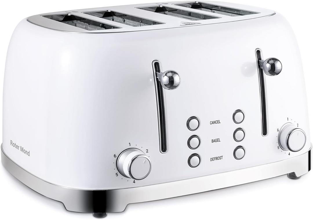 Roter Mond 4 Slice Toaster Retro Stainless Steel with Bagel Defrost Cancel Function, 6 Browning Settings, Extre Wide Slot and Removable Crumb Tray, White, ST033