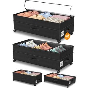 Under Bed Storage with Wheels,2Pack Underbed Shoe Storage Organizer,7.5-10.6 inchTall Adjustable Storage for Underbed with Lids,65L Extra large capacity for Clothes, Blankets,Shoes