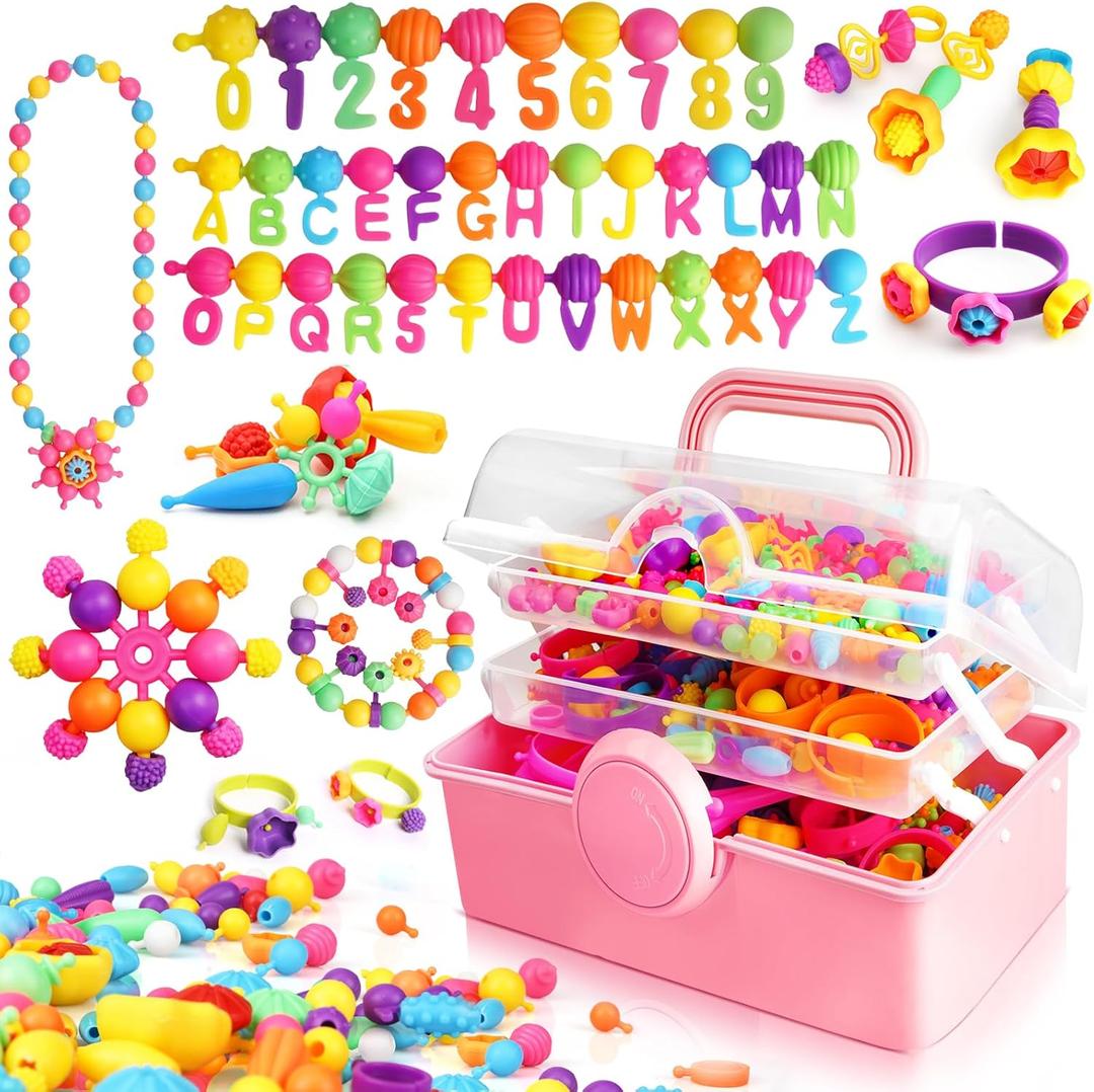 FUNZBO 850pcs Pop Beads - Jewelry Making Kit for 3 4 5 6 7 8 Year Old Little Girls, Arts and Crafts Toys for Kids, Necklace Bracelet Ring Hairband Creativity Snap Set, Birthday Gifts for Kids (X-Large)