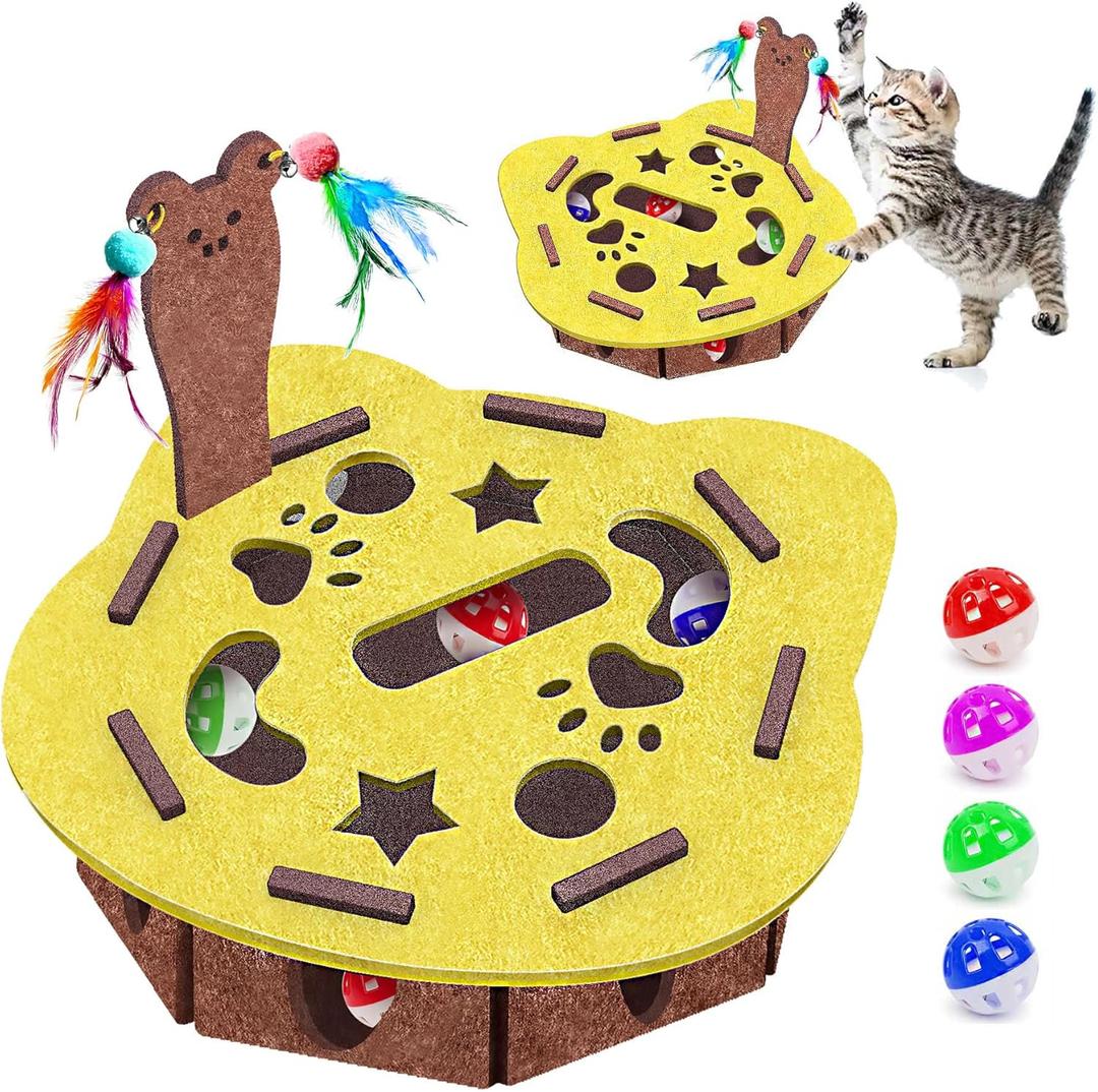 Interactive Felt Cat Maze Box with Cartoon Cat-Shaped Post, Fish-Shaped Puzzle ExerciseHide Seek Moving Toy for Cats, Mental Enrichment Self-Play Toy Encourages Hunting Instincts with 4 Balls