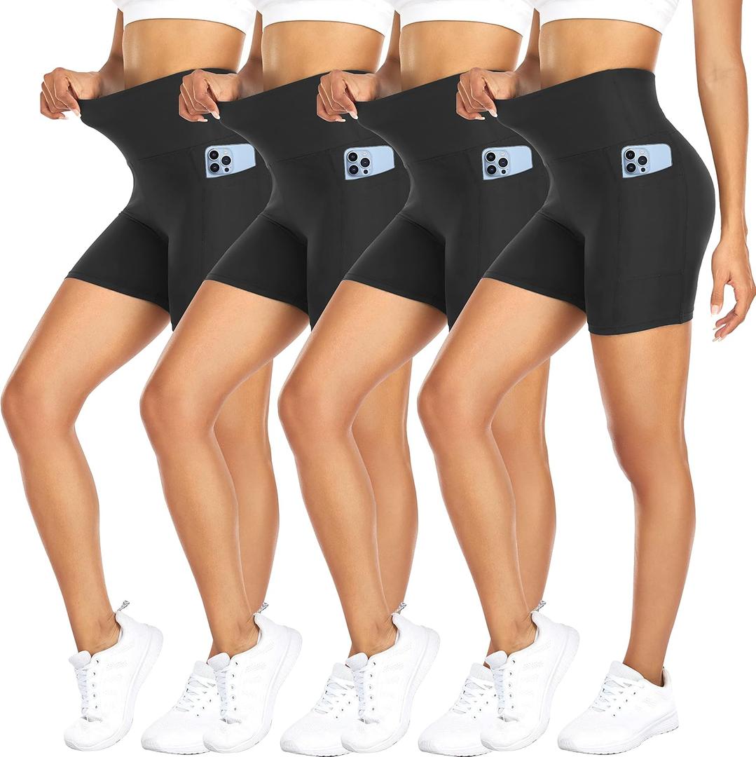 FULLSOFT 4 Pack Biker Shorts for Women with Pockets 5" High Waisted Tummy Control Workout Yoga Running Gym Tennis Shorts