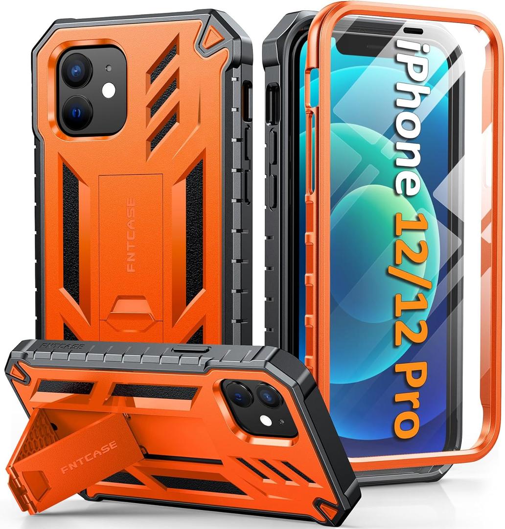 FNTCASE for iPhone 12 Phone Case: for iPhone 12 Pro Phone Case Military Grade Drop Proof Rugged Protective Cover with Kickstand | Matte Textured Shockproof TPU Hybrid Bumper Cases 6.1 inch - Orange