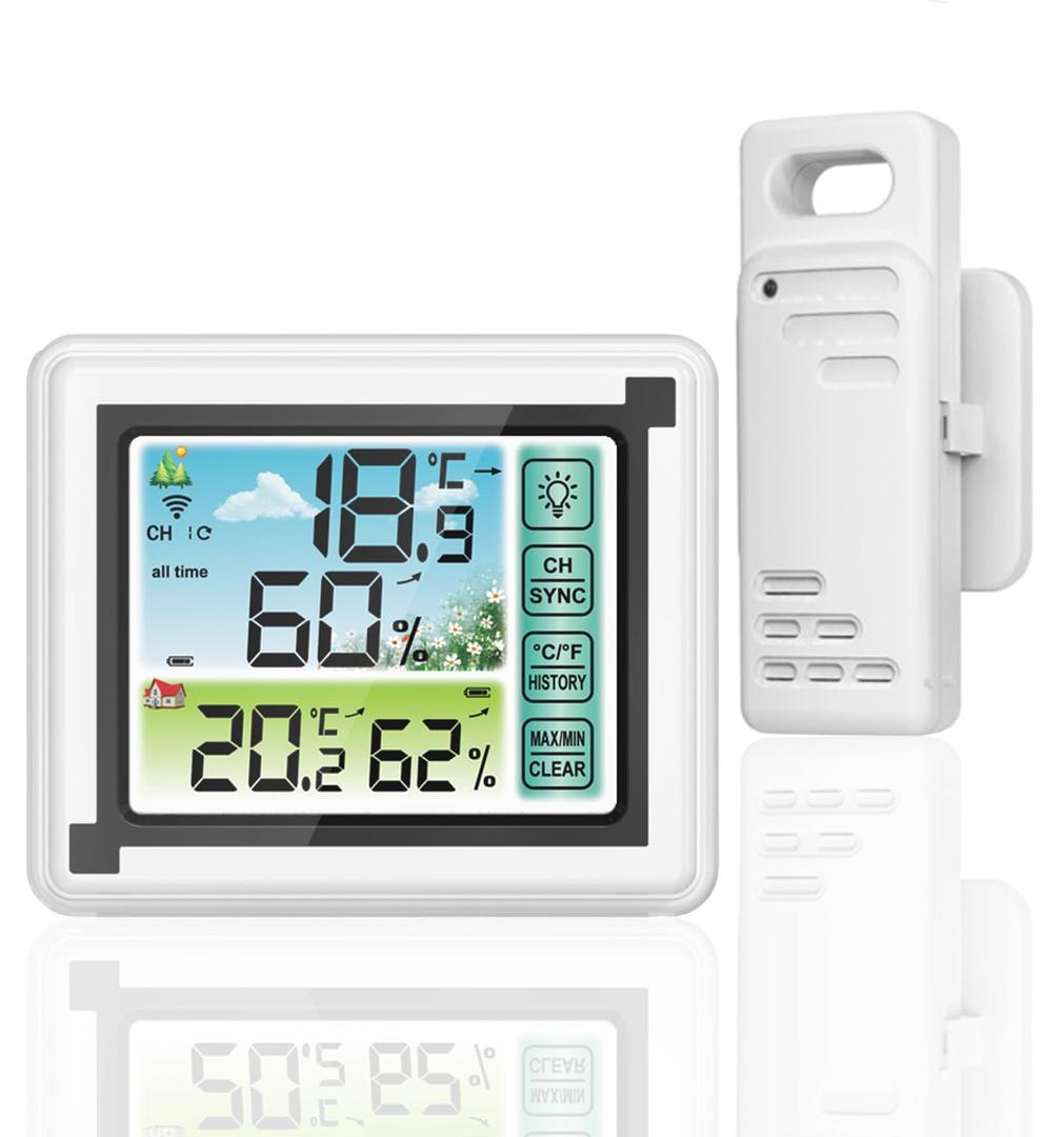 Indoor Outdoor Thermometer Hygrometer Wireless Weather Stations, Humidity Monitor Battery Powered Digital Temperature Gauge with 60m/200ft Range Remote Sensor and Adjustable Backlight (White)