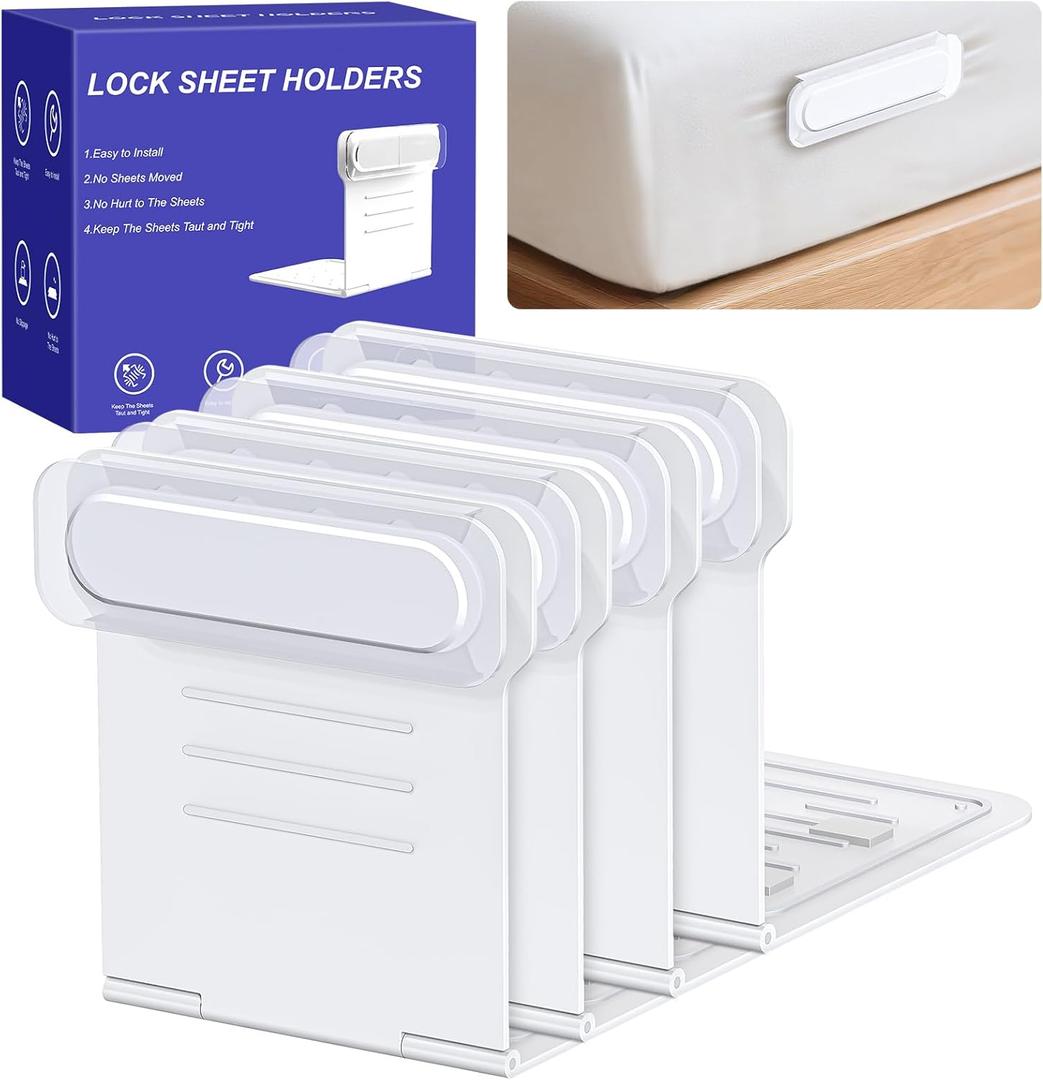 Upgrade Flat Bed Sheet Holders for Corners, 4Pcs Fitted Sheet Holders with Anti-Slip Base, Lock Sheet Grippers Keep Sheets Firm & Tight, Secure All Mattress Edges, No Loose Sheets, Easy to Install