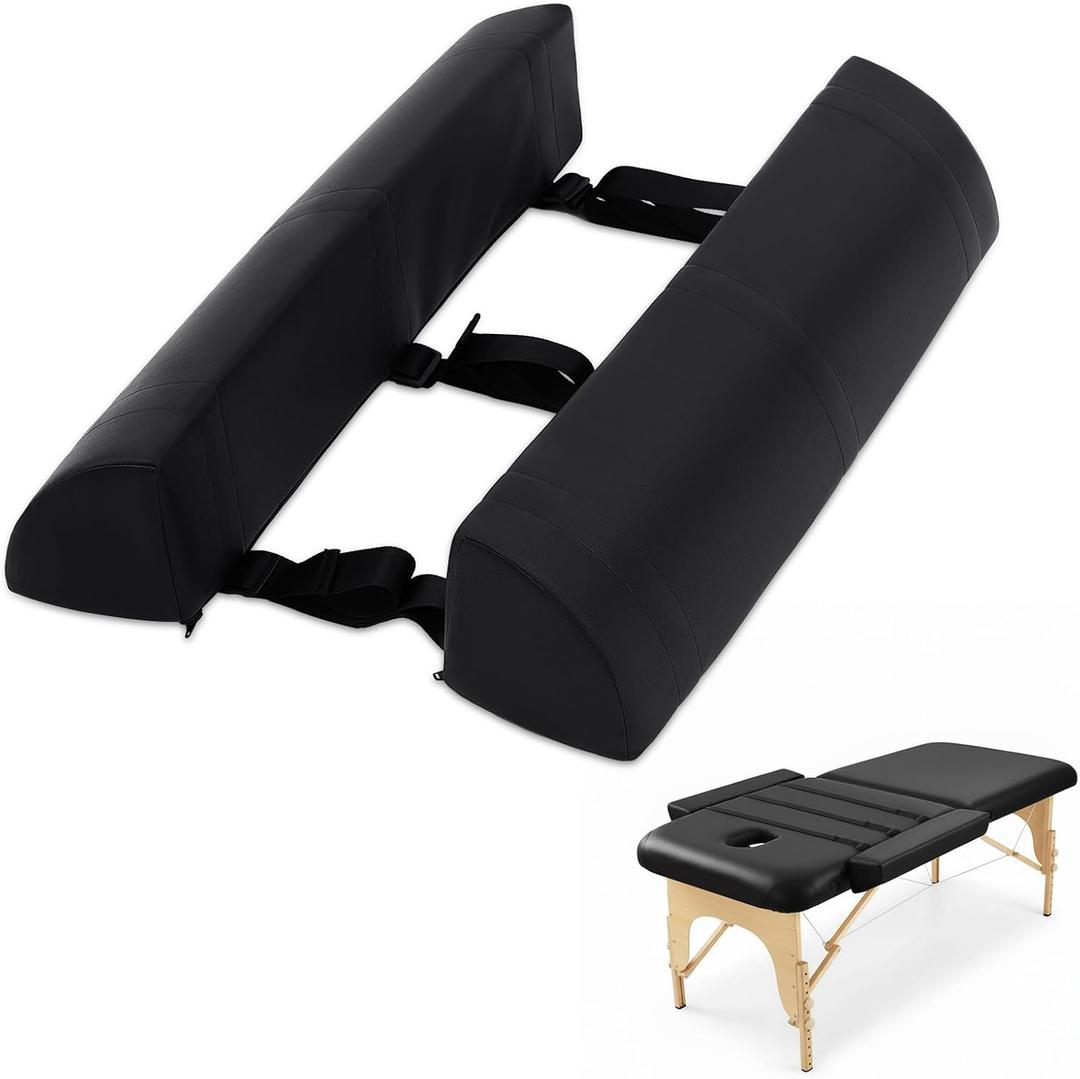 AceOrbit Massage Table Arm Rest Bolster Pillow Set Adjustable PU Leather Side Arm Extensions with Secure Straps for Massage Table (Black), 26" x 10" x 10"