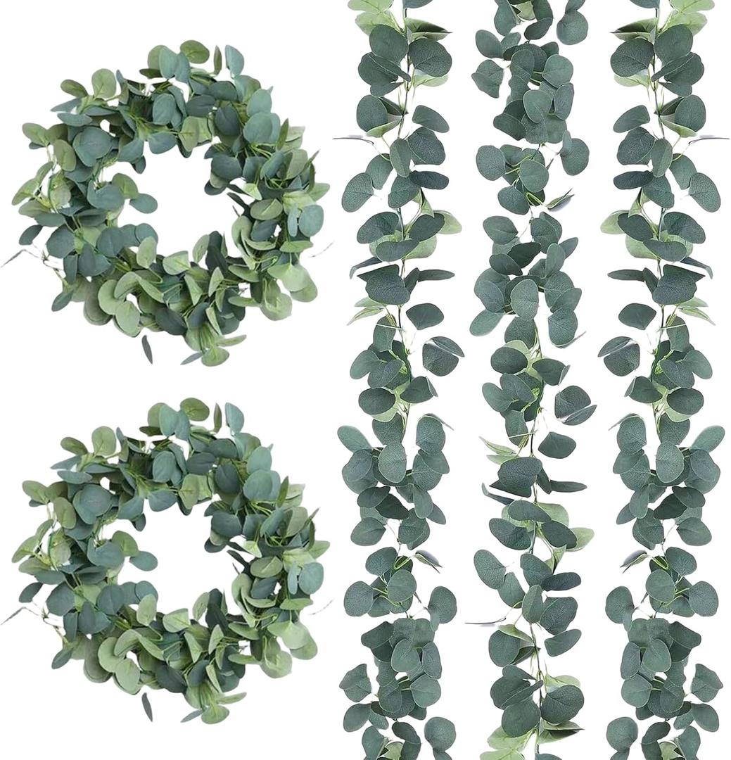 Artificial Eucalyptus Garland Set 6.5 ft Long Realistic Hanging Leaves Vine Faux Greenery for Indoor Home Decor Dining Table Decor Wedding Backdrop Party Decorations (5,Eucalyptus)