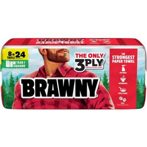 Brawny Tear-A-Square 3-Ply Paper Towels, 8 Triple Rolls = 24 Regular Rolls, Strong, Absorbent, and Durable with 3 Sheet Sizes (Quarter, Half, Full)
