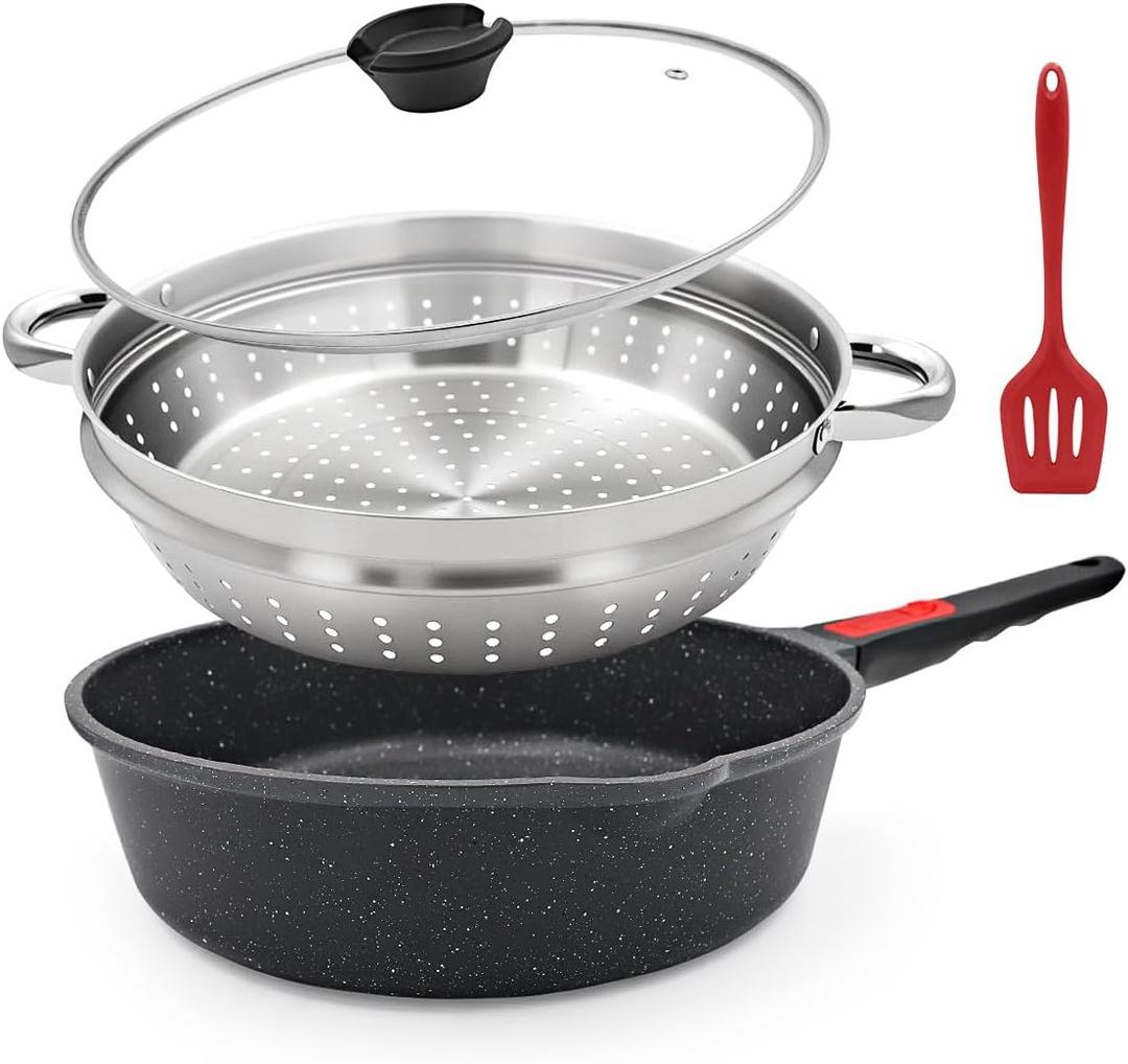 12-Inch Non Stick Frying Pan with Steamer, 5 QT Deep Saute Pan with Lid, Vegetable Steamer Cookware for Cooking, Detachable Handle, Compatible with All Stoves, Oven Safe, PFOA Free, Black
