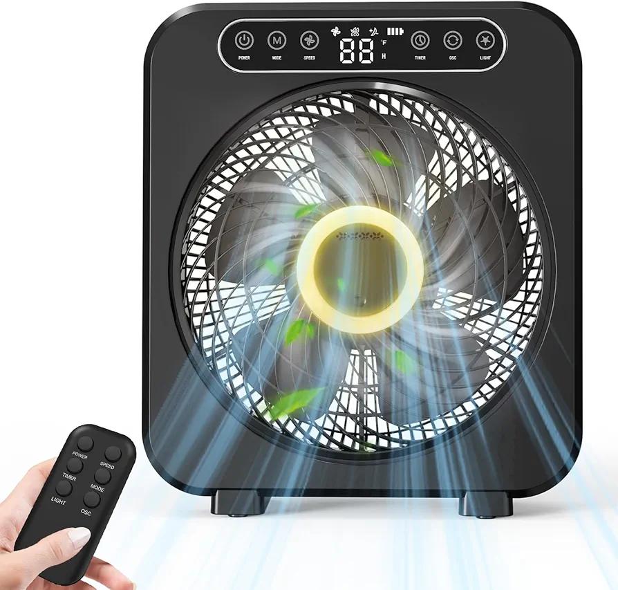 Table Fan, 9600mAh Rechargeable Box Fan, Quiet Running, Fast Cooling 10" Desk Table Fan with Remote, 6 Speeds, 3 Modes, Smart Temperature, Timer, Light, Washable - Bedroom Office Desktop Household