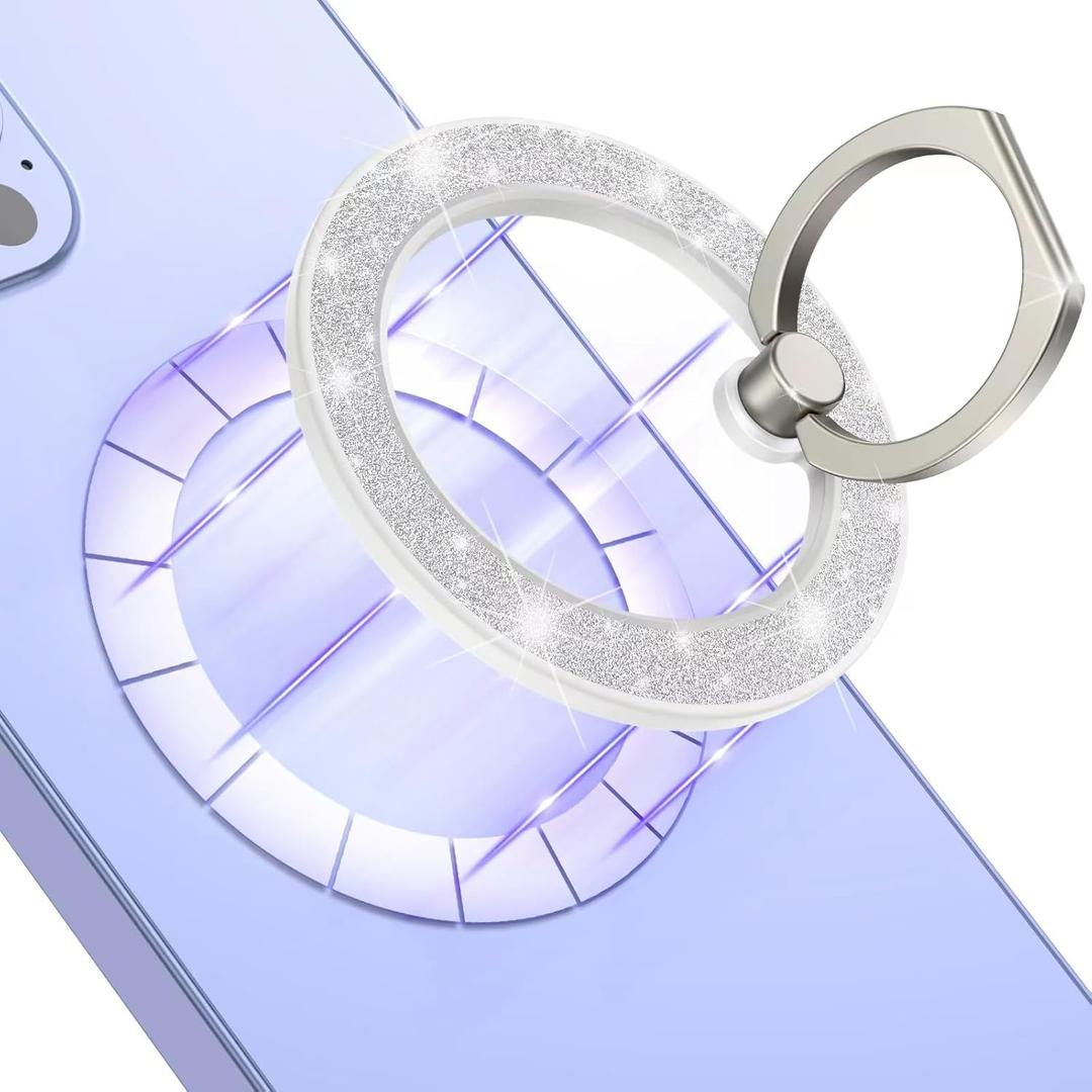 Mindsky Magnetic Phone Ring Holder for iPhone 15 14 13 12 Magsafe Accessories Adjustable Finger Phone Ring GripRemovable When Wireless Charging(GlitterWhite)