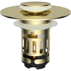 Hibbent Upgraded 3 in 1 Bathroom Sink Drain Strainer, Universal Pop Up Stopper with Removable Stainless Steel Filter Basket Hair Catcher, Sink Plug for 1.1''~2.36'' Basin, Brass Core, Brushed Gold