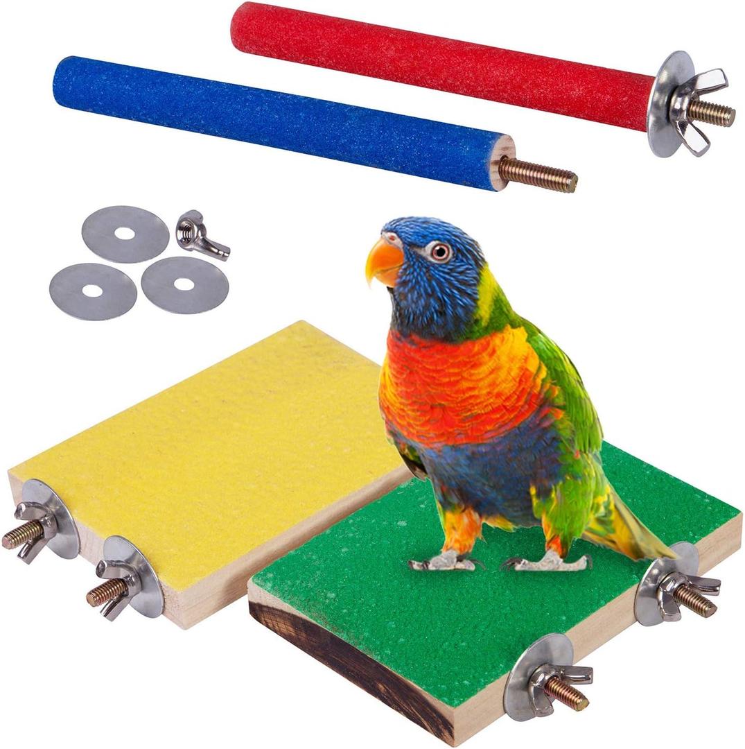 4 PCS Bird Perch Stand Toy, Wood Parrot Perch Stand Platform Paw Grinding Stick, Cage Accessories Exercise Toys Budgies Parakeet Cockatiel Conure Hamster Gerbil Rat Mouse (Green & Yellow)