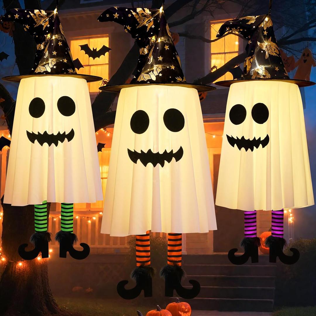 3 Packs Halloween Decorations Outdoor, Hanging Ghosts String Lights Halloween Decor, Spooky Cute Glowing Ghost Witch Hat Lights 3 Modes for Patio Yard Front Porch Tree House Party(18 Batteries)