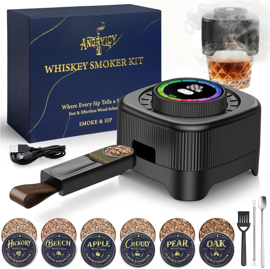 Electric Whiskey Smoker Kit with 0-60s Adjustable Timer, No Butane Needed, Cocktail Bourbon Drink Smoker Infuser Kit Smoke Whisky Set with 6 Wood Chips Flavors, Birthday Gifts for Men, Dad, Husband