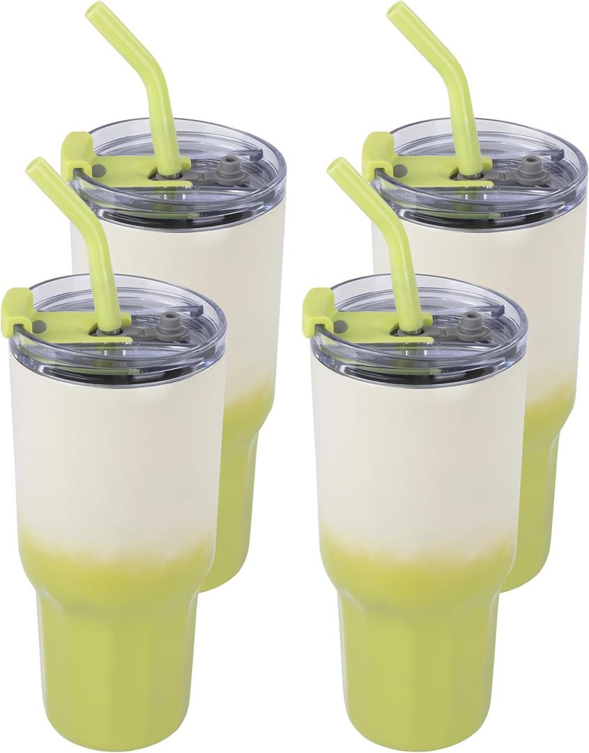 VEGOND 30 oz Insulated Stainless Steel Tumblers with lid and straw Bulk Pack Coffee Mug with Non-Slip Silicone Base, Sweat Proof Powder Coated Cup for Hot Cold Drinks, Green and Yellow 4Pack