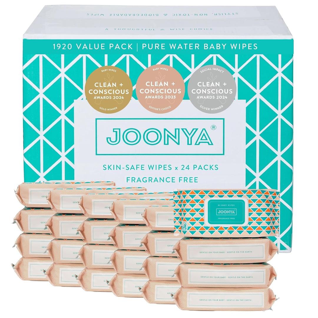 JOONYA Unscented Baby Wipes Plant-Based, Fragrance-Free Bulk Diaper Wipes | Hypoallergenic, Non-Toxic & Biodegradable Wet Wipes for Sensitive Newborn Skin | 24 Packs of 80 (1,920 Total)