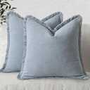 MIULEE Decorative Throw Pillow Covers Neutral Linen Fringe Throw Pillows Set of 2 Light Blue Boho Farmhouse Cushion Covers with Tassels for Couch Sofa Bed Living Room Spring Home Decor 20x20 Inch