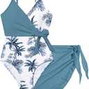 Girls Swimsuit One Piece Bathing Suit Tropical Floral with Adjustable Straps Girls'Swimwear with Cover Up, Size 9-10 Years