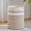 VIPOSCO Large Laundry Hamper, Tall Woven Rope Storage Basket for Blanket, Toys, Dirty Clothes in Living Room, Bathroom, Bedroom - 100L Brown & White