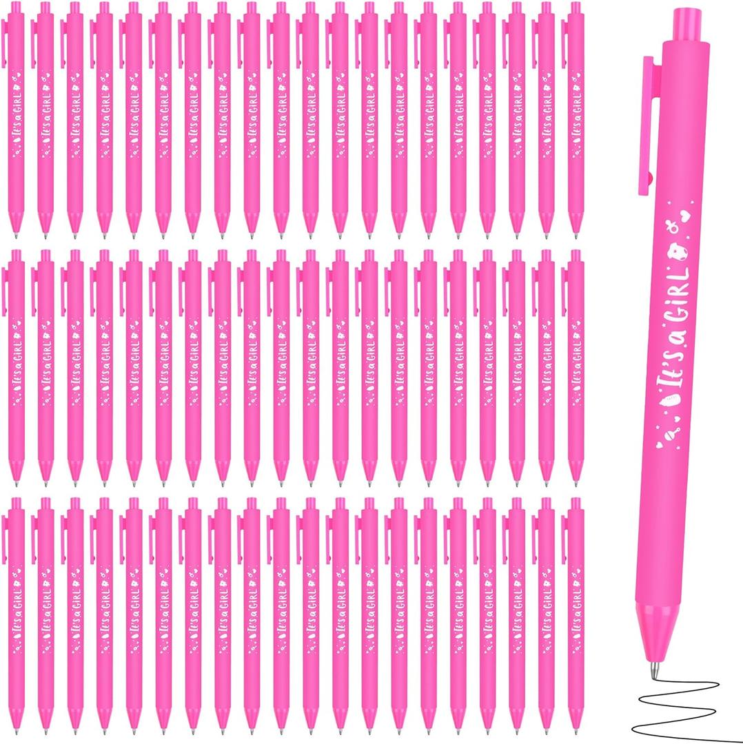 ADXCO 60 Pieces Baby Shower Pens It's a Girl 1.0 mm Ballpoint Pen with Black Ink Retractable Writing Pens for Guests Friends Baby Shower Gender Reveal Party Favors Office School Student Writing, Pink