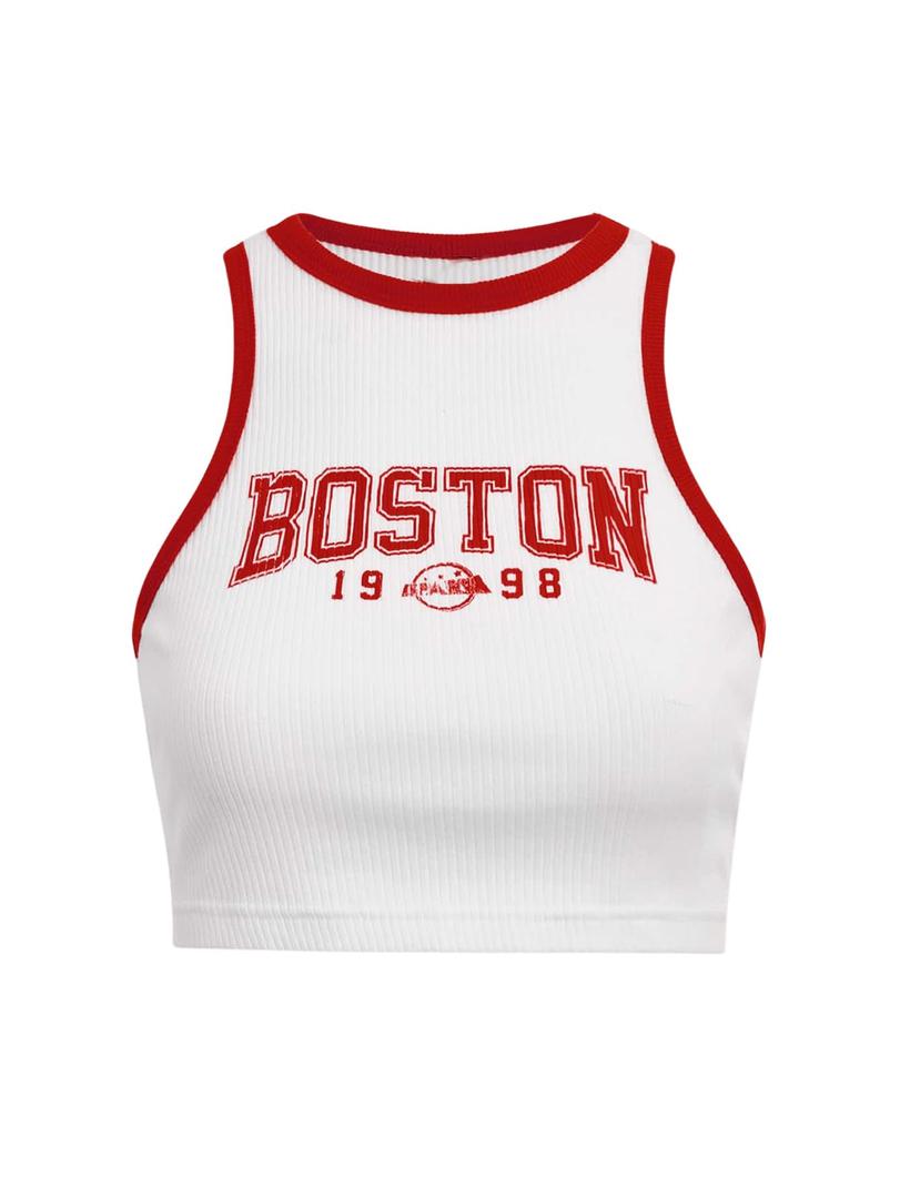 SOLY HUX Women's Y2K Letter Graphic Printed Crop Tank Top Sleeveless Round Neck Fitted Tops White and Red Letter Medium