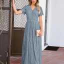 MEROKEETY Women's 2026 V Neck Short Sleeve Floral Lace Wedding Dress A Line Boho Bridesmaid Cocktail Party Maxi Dress (Blue, S)