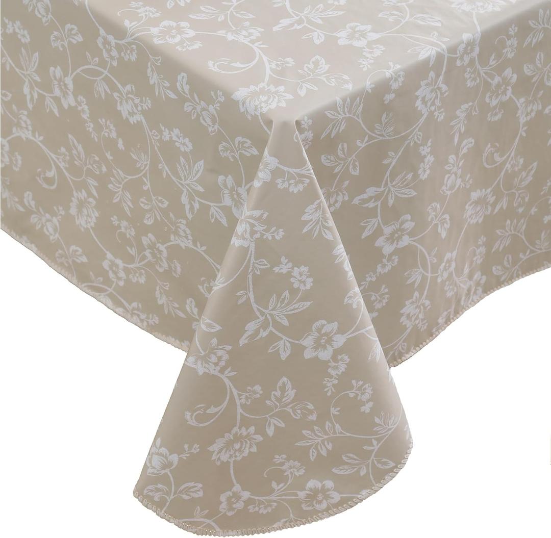 Heavy Duty Vinyl Tablecloth with Flannel Backing Waterproof Oil-Proof Plastic Table Cloth Stain-Resistant Wipeable Rectangle or Square Table Cover for Indoor and Outdoor (Beige Floral60x102 Inch)