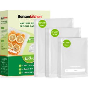 Bonsenkitchen Precut Vacuum Sealer Bags, 20 Gallon 11" x 16"+ 80 Quart 8" x 12"+ 50 Pint 6" x 10", Commercial Grade, BPA Free, Food Sealer Bags for Vac Storage, Meal Prep or Sous Vide Cooking, VB15
