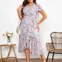 EYWOL Plus Size Wedding Guest Dress for Women, Floral Chiffon Midi Wrap Dress, Flutter Sleeve High Waist Flowy Summer Dresses (Purple, M)
