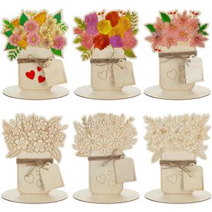 Menkxi 12 Pcs Mother's Day Wooden Coloring Crafts, Unfinished Blank Wooden Flowers Bouquet Card, DIY Mothers Day Embellishments Gift for School Classroom Activities Party Gift Favors Home Decoration