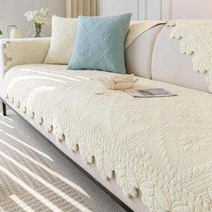 Cotton Quilted Dog Couch Cover for Sofa Farmhouse Rustic Embroidery Sectional Couch Cover Soft Anti-Slip Sofa Slipcover Furniture Protector for Kids, Pets (Ivory,28"x28")