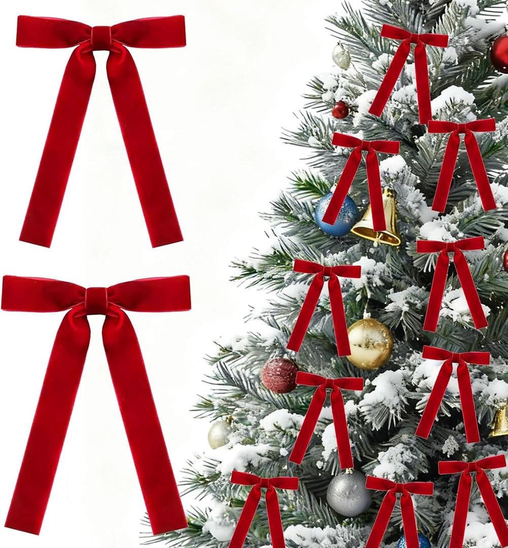 16 Pcs 1" Wide Red Velvet Christmas Tree Bows 5 * 7 inch, Rustic Bows for Door, Garland, Fireplaces, Wreath Decor, Xmas Home Party Decoration