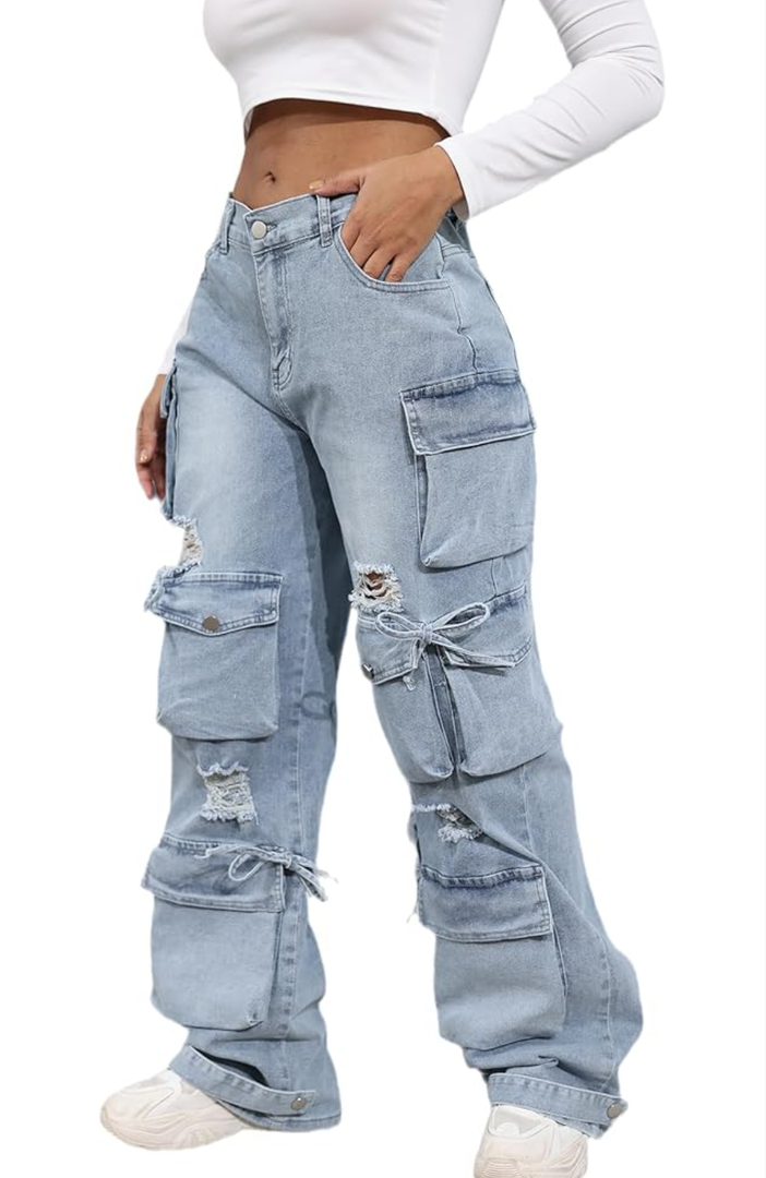 Ryehack Women’s Baggy Jeans Y2k Cargo Jeans Casual High Waist Baggy Denim Cargo Pants with Pockets Streetwear M
