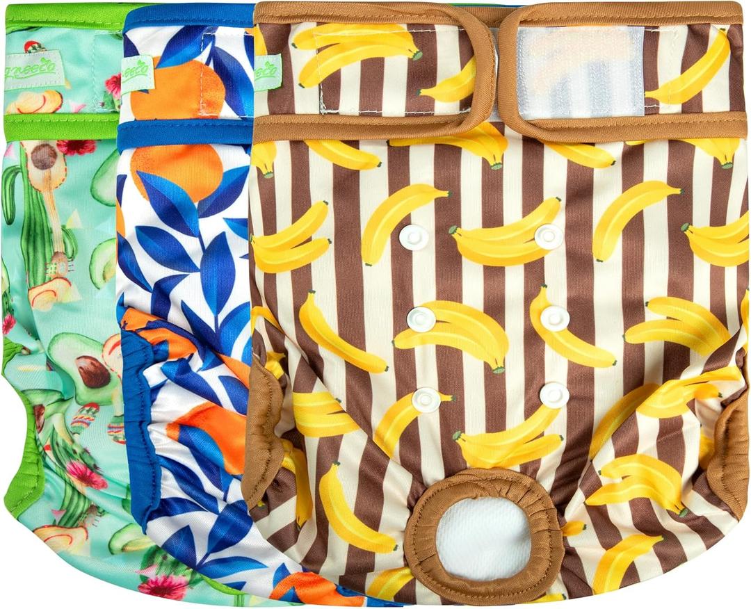 wegreeco Washable Reusable Premium Dog Diapers,Pack of 3,Small Dog Puppy & Doggy Diapers Female,Dog Period Panties Diapers Female in Heat Fruits L (Large (15"-17" Waist))