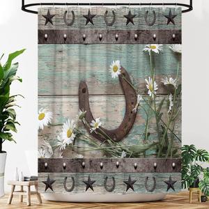 Rustic Shower Curtain Horseshoe Western Country Daisy Floral Teal Wooden Board Retro Fabric Bathroom Decor Curtains with Hooks (70"W x 70"L (Pack of 1), Green)
