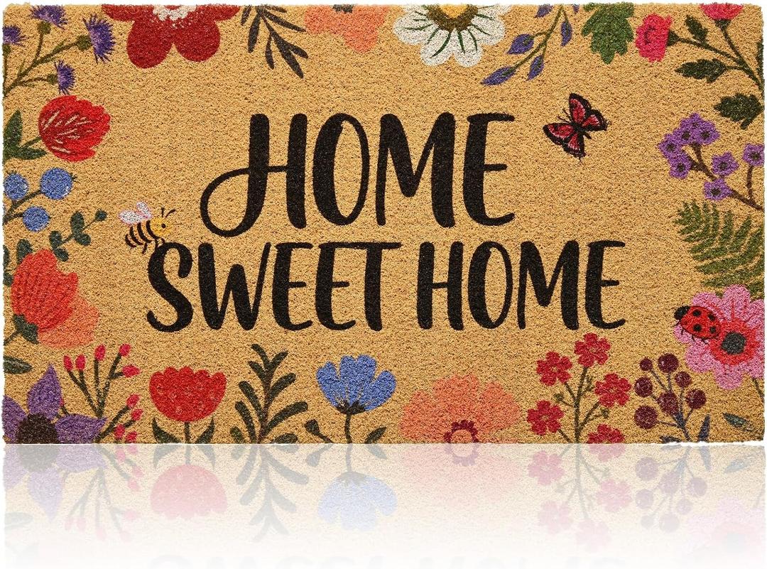 Gifeas Front Door Mat for Entrance, 17x30 Spring Floral Welcome Mats with Heavy Duty Backing for Outdoor Indoor, Home Sweet Home Faux Coco Coir Doormat Rug for Outside Porch Garage Home Funny Decor