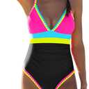 popvil One Piece Swimsuit 2025 Tummy Control Women Bathing Suit Shapewear Swimsuits Slimming Neon Cute Tie Back Swimwear (Small, Black6)