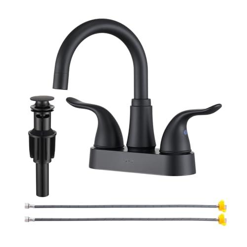KPW Bathroom Sink Faucet 2 or 3 Hole Matte Black Centerset 4 Inch Bathroom Sink Faucet 2 Handle Plating Over ABS Plastic Non-Metallic Lavatory Bathroom Faucet with Pop up Drain Water Supply Hoses
