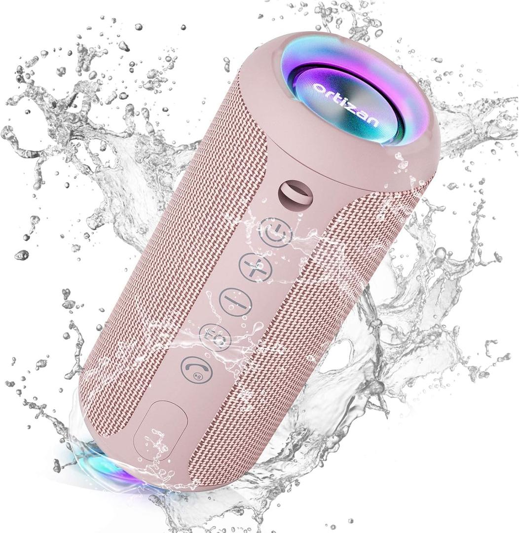 Ortizan Portable Bluetooth Speakers, IPX7 Waterproof Wireless Speaker with 24W Loud Stereo Sound, Deep Bass, Bluetooth 5.3, RGB Lights, Dual Pairing, 30H Playtime for Home, Outdoor, Party (Pink)