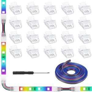 20 Pack 4 Pin LED Strip Light Connectors 10 mm, Solderless Transparent Track Lighting Connectors LED Pin Connector for 5050 Waterproof RGB