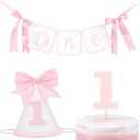 Pink Bow Birthday Decorations - Banner Cake Topper Hat Set,Sweet Half High Chair Banner,6 Months Birthday Hat with Bow