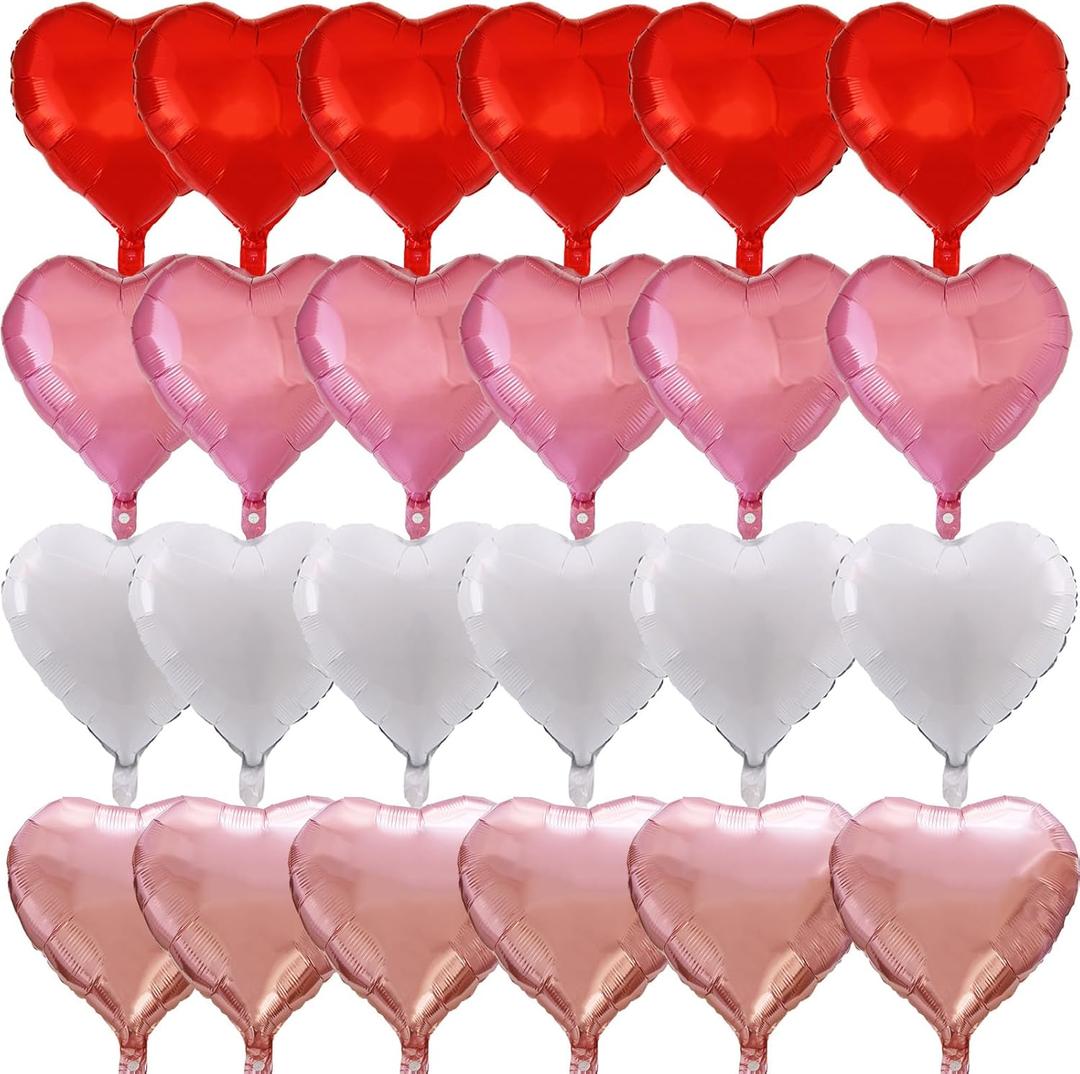 24 PCS Red White Pink Rose Gold Heart Aluminum Foil Balloons  18" Foil Balloons Set for Valentine's Day, Anniversary, Mothers Day,Wedding Bridal Engagement Party Decorations