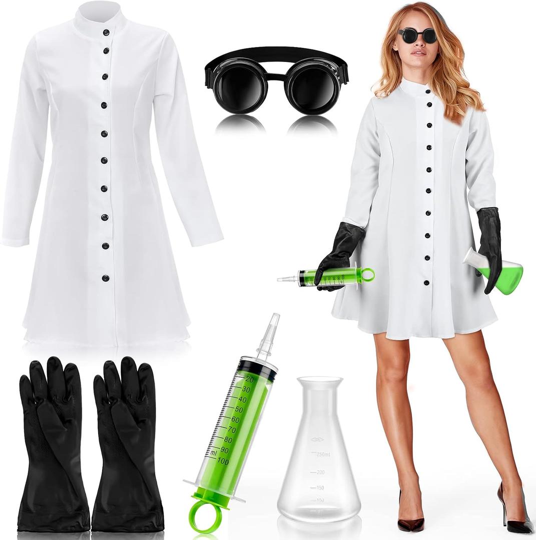 Jiuguva 5 Pcs Women's Mad Scientist Costume Scientist Lab Coat Set for Adult Women Halloween Cosplay Party Costume(Black,2xl)