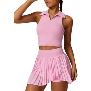 Women 2 Piece Tennis Dresses High Waisted Pleated Skirt Sets Seamless Golf Outfits Sleeveless Racerback Padded Crop Top (Medium, Pink)