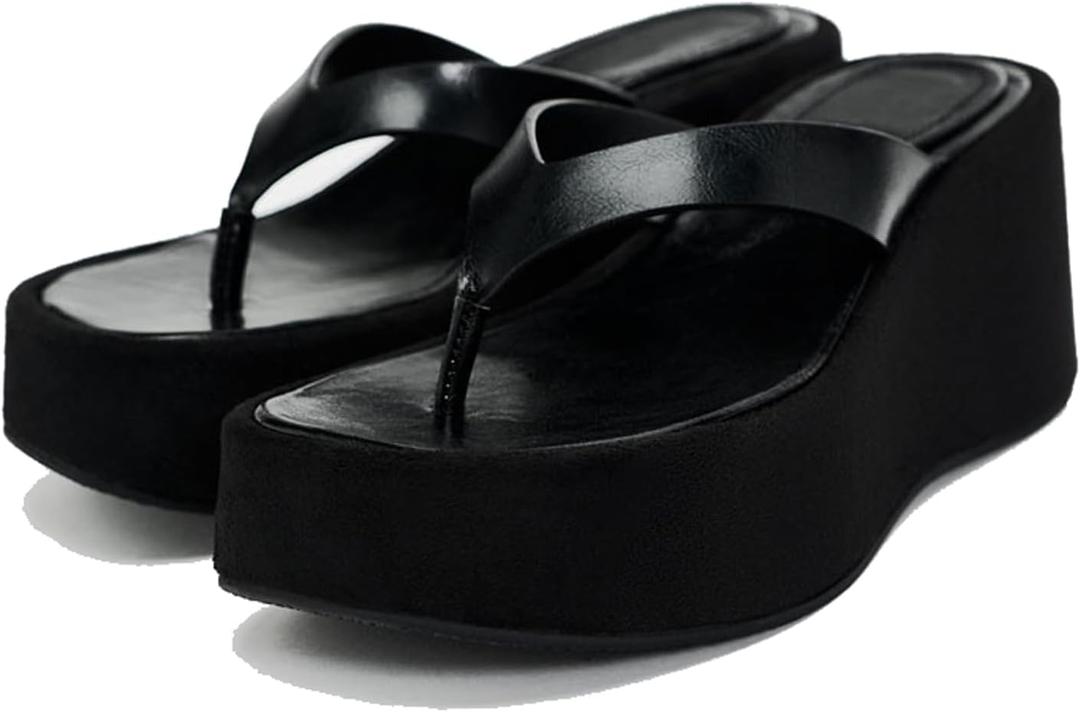 Women's Leather Wedge Flip-Flops Fashion Comfortable Open Round Toe Slip On Non-Slip Platform Thong Sandals Summer Casual Beach Walking Slides, 41