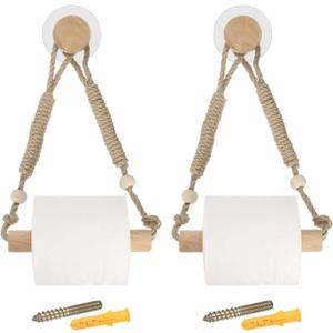 uxcell 2 Pcs Wood Jute Rope Toilet Paper Holder for Bathroom Decor,Round Beads/Wood Color