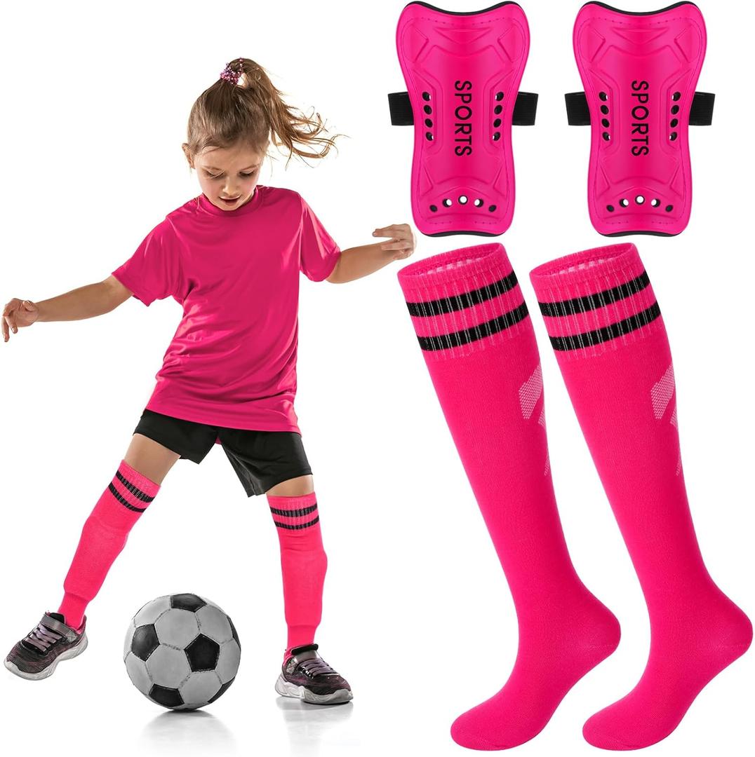 Syhood Soccer Shin Guards and Socks for Toddler Kids Youth, Lightweight Soccer Shin Pads Protective Defender Gear for 3-5, 5-10, 10-15 Years Old Children Teen Boys Girls Sports Game (Pink) Small